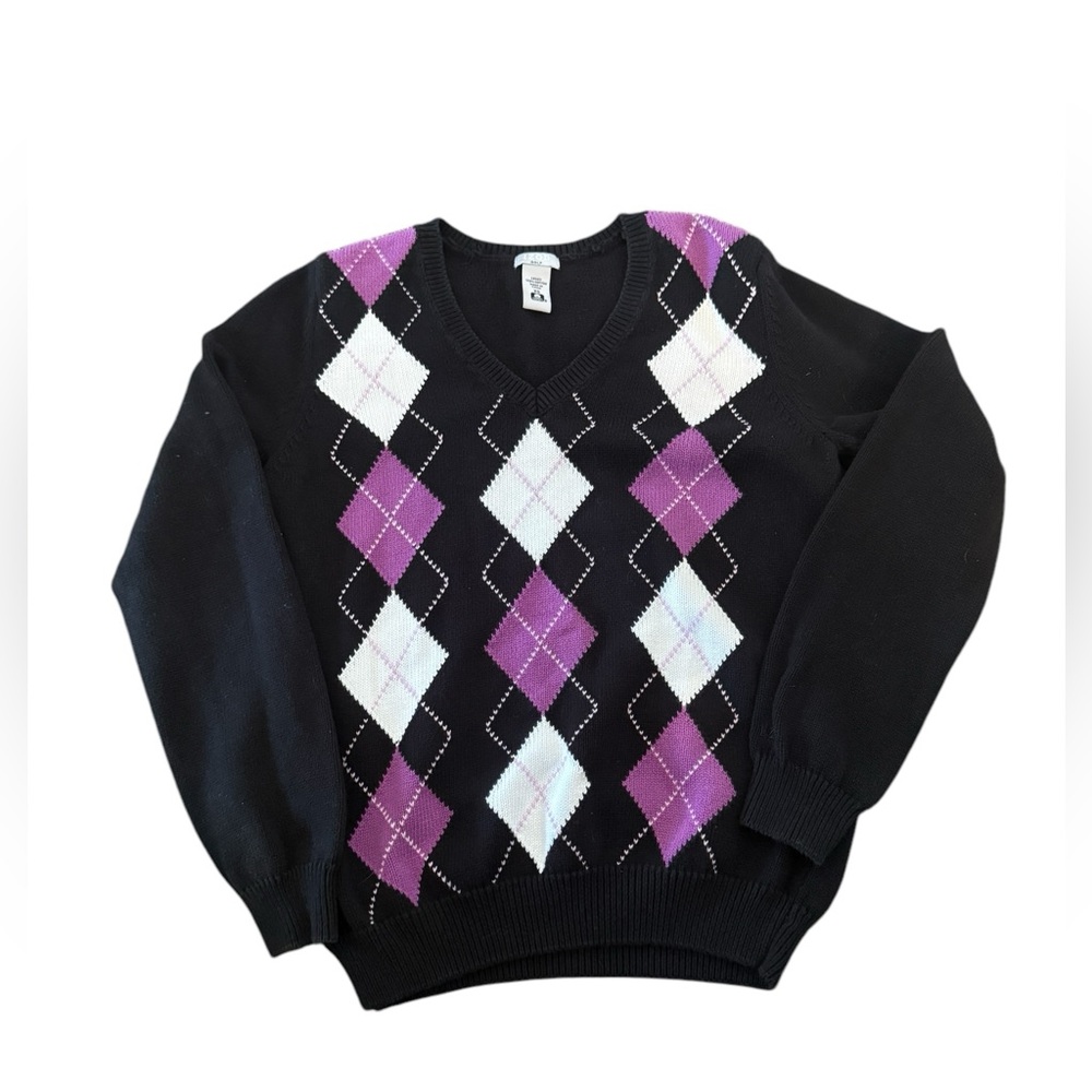 Black Sweater with Purple and White Argyle Pattern